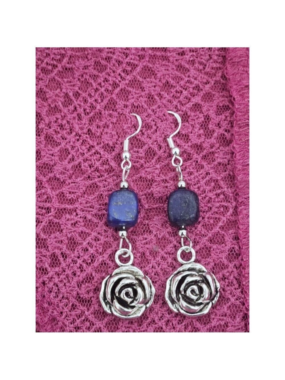 Artisan Sterling Silver Lapis Lazuli Flower Dangle Earrings